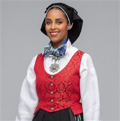 Bilde av MATERIALPAKKE, RØD-GYLLEN VEST TIL TROMSBUNADEN FOR KVINNER