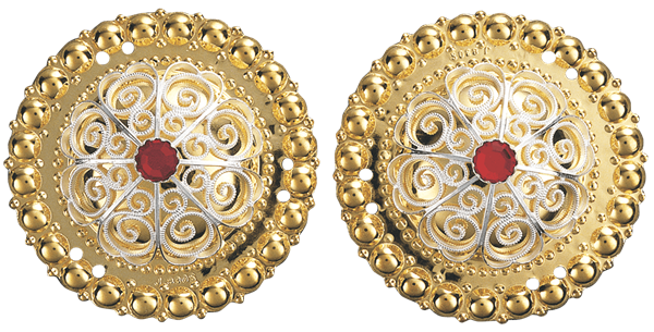 Borer 47 mm med raud stein, forgylt/kvit