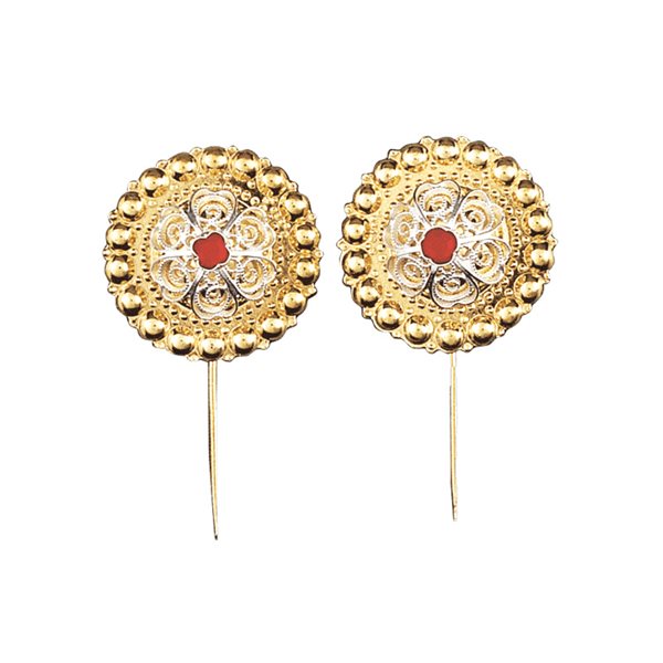 Borenåler 25 mm med raud stein og lang stift, forgylt/kvit