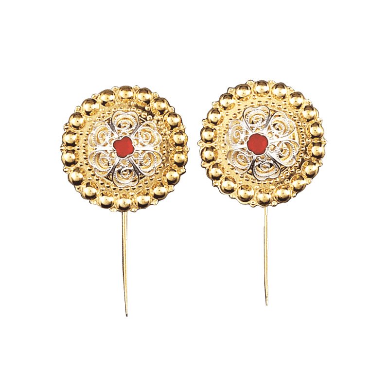 Borenåler 25 mm med raud stein og lang stift, forgylt/kvit