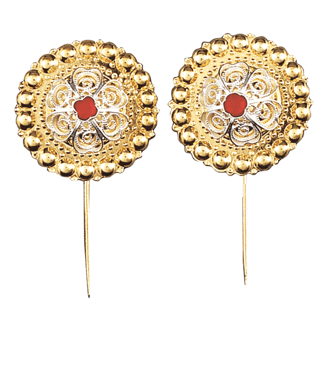 Borenåler 25 mm med raud stein og lang stift, forgylt/kvit